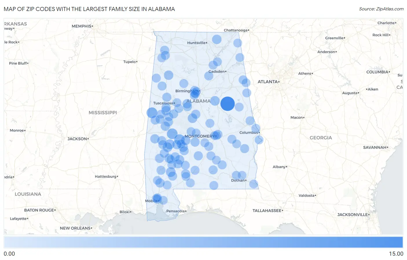 Zip Codes with the Largest Family Size in Alabama Map