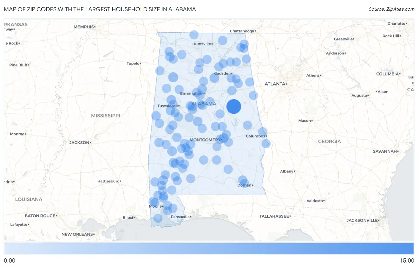 Zip Codes with the Largest Household Size in Alabama Map