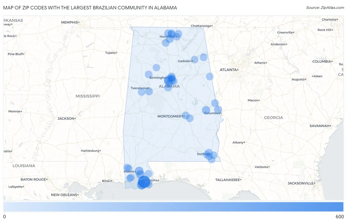 Zip Codes with the Largest Brazilian Community in Alabama Map