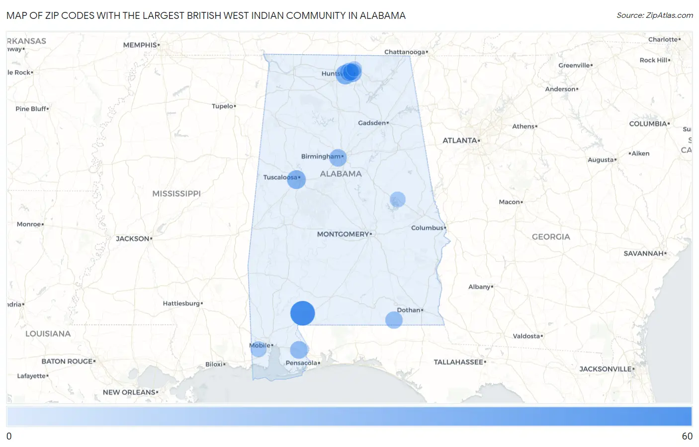 Zip Codes with the Largest British West Indian Community in Alabama Map