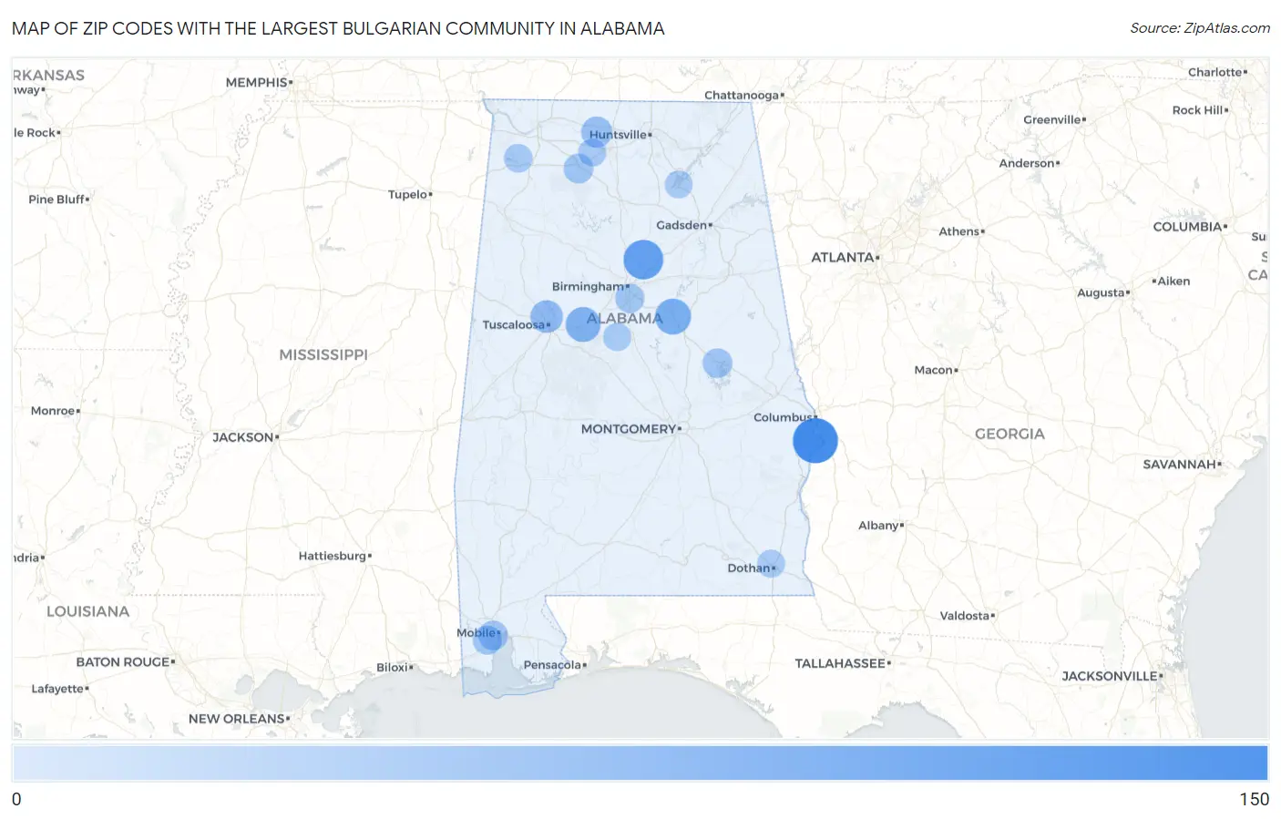 Zip Codes with the Largest Bulgarian Community in Alabama Map