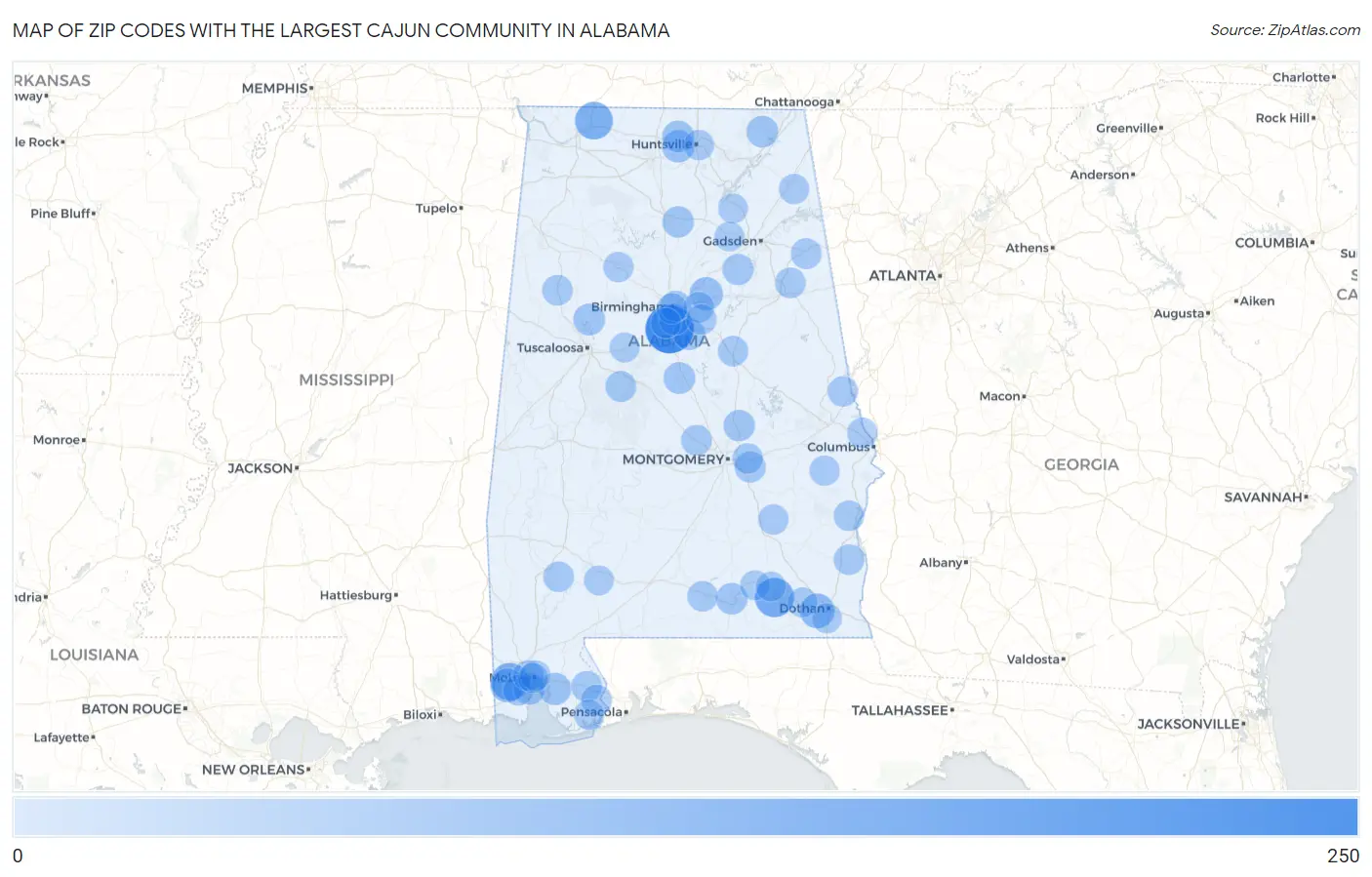 Zip Codes with the Largest Cajun Community in Alabama Map
