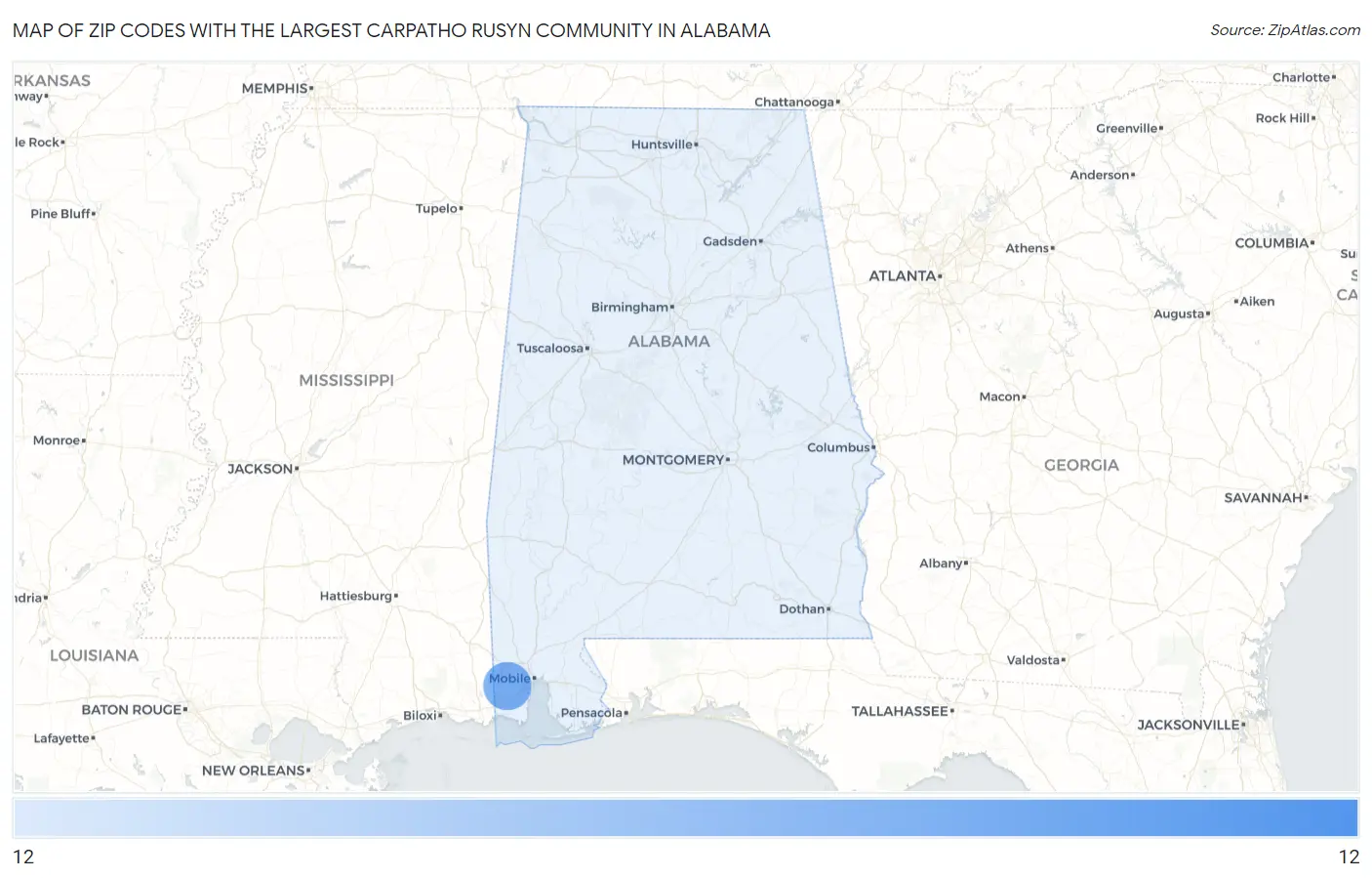 Zip Codes with the Largest Carpatho Rusyn Community in Alabama Map