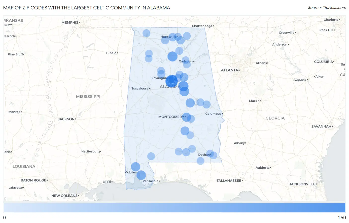 Zip Codes with the Largest Celtic Community in Alabama Map