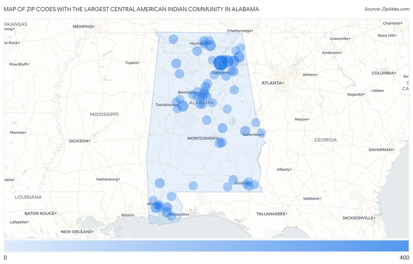 Zip Codes with the Largest Central American Indian Community in Alabama Map