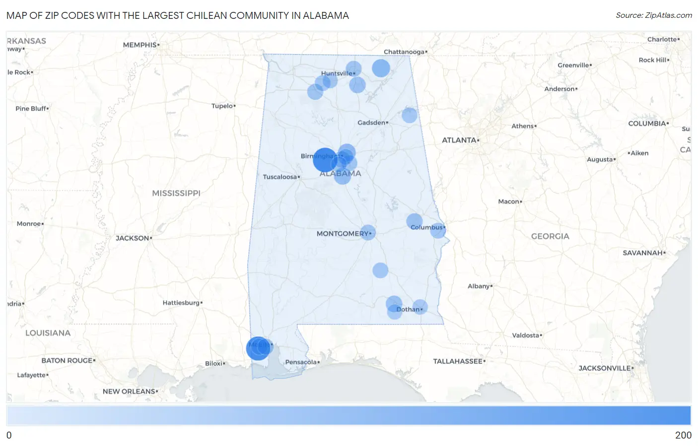 Zip Codes with the Largest Chilean Community in Alabama Map