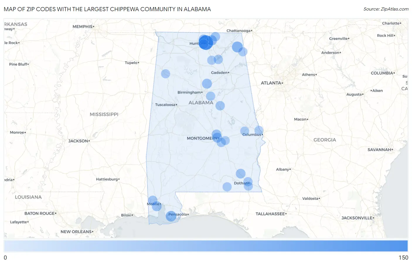 Zip Codes with the Largest Chippewa Community in Alabama Map