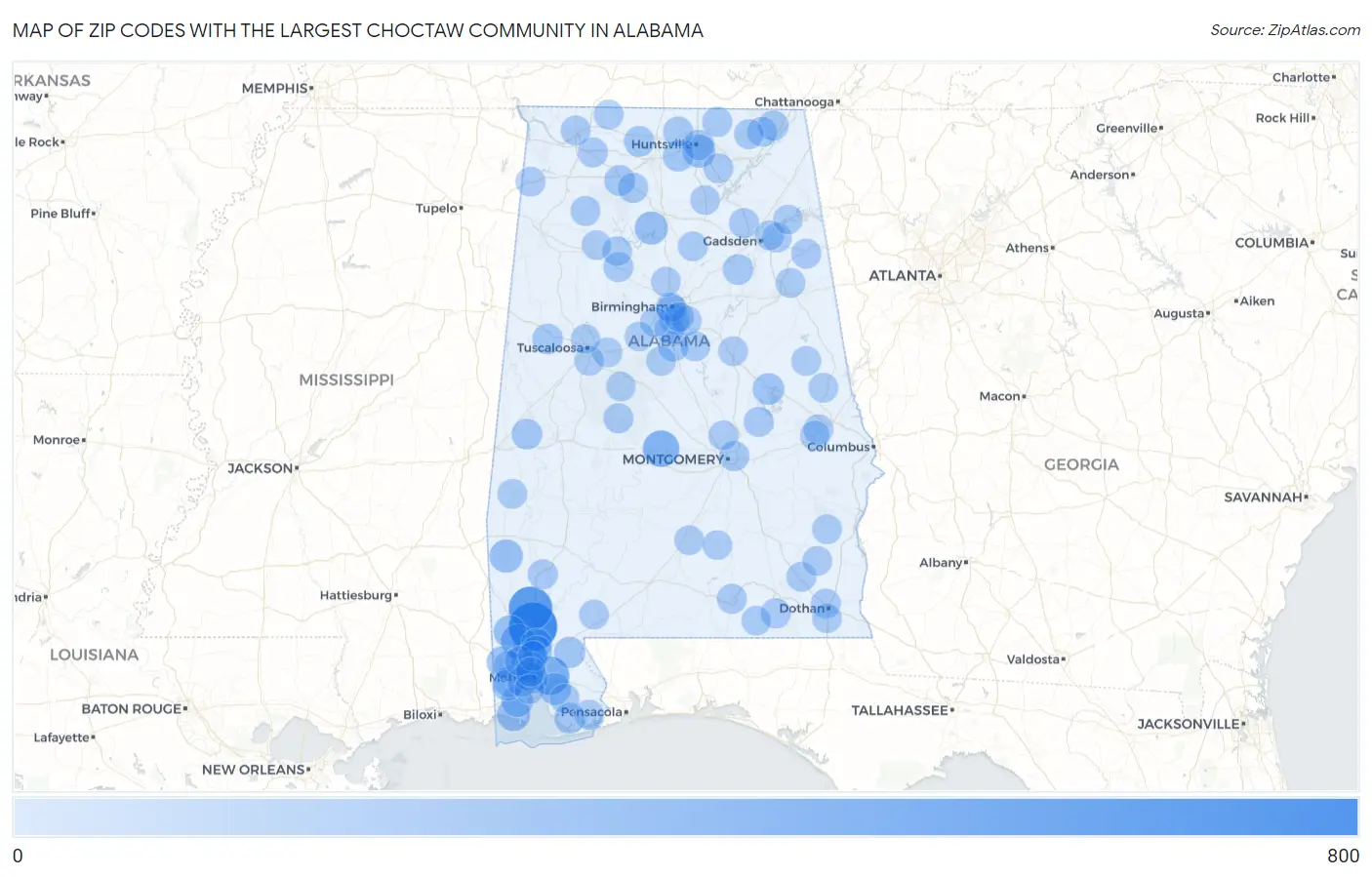 Zip Codes with the Largest Choctaw Community in Alabama Map