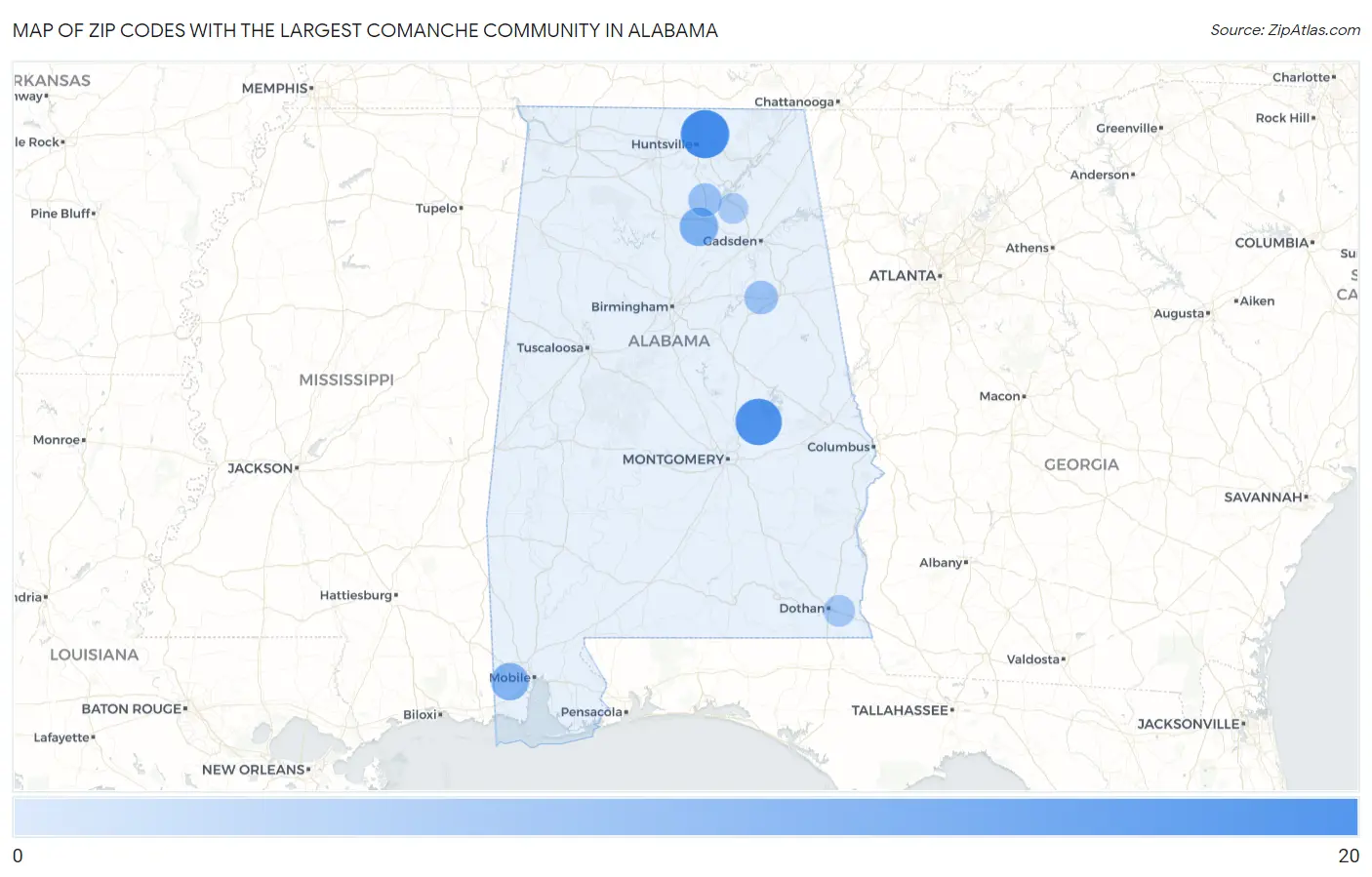 Zip Codes with the Largest Comanche Community in Alabama Map
