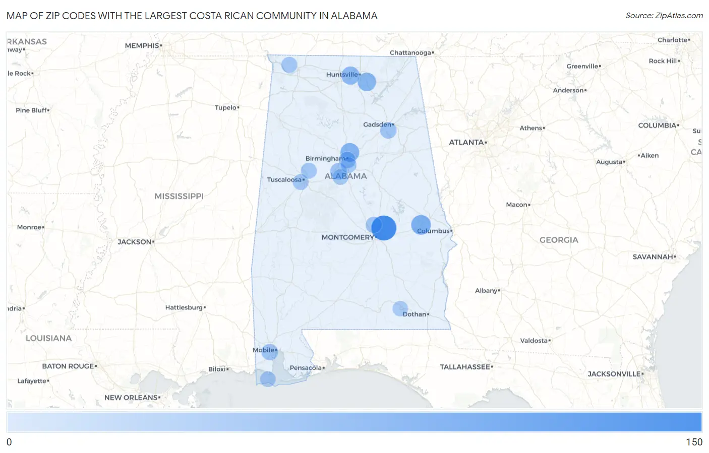 Zip Codes with the Largest Costa Rican Community in Alabama Map