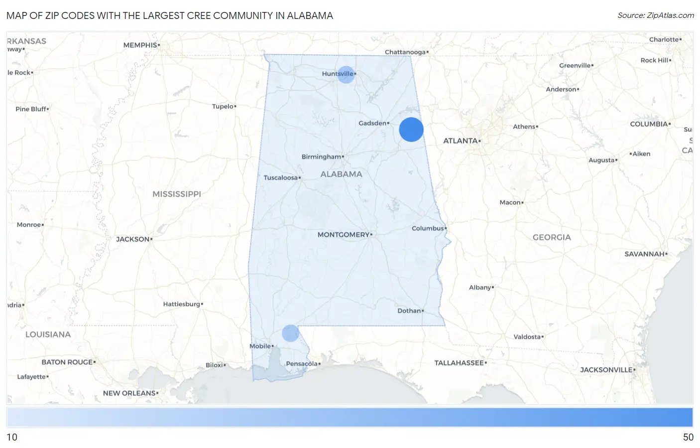 Zip Codes with the Largest Cree Community in Alabama Map