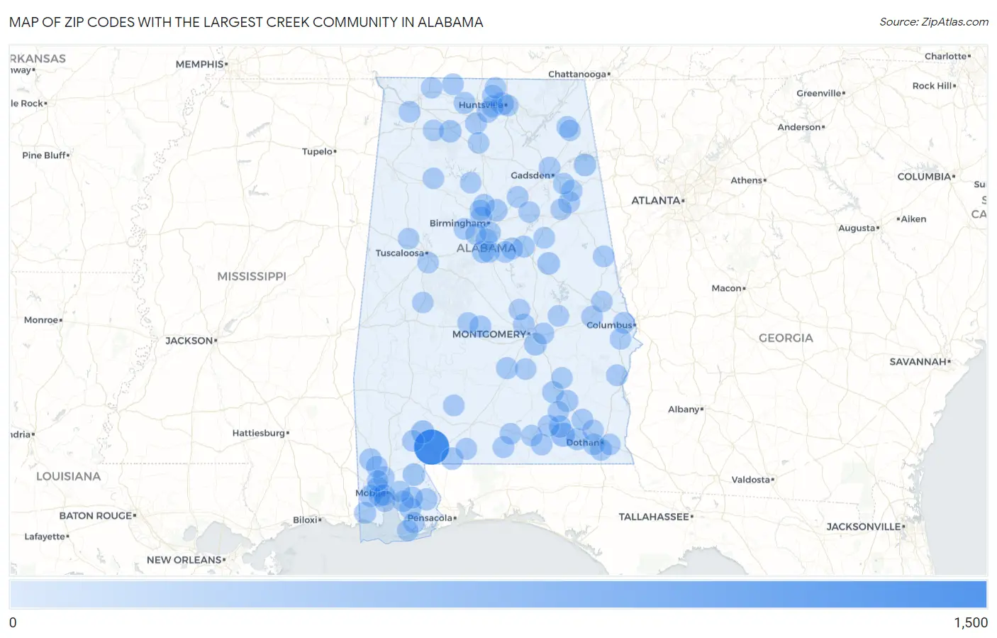 Zip Codes with the Largest Creek Community in Alabama Map