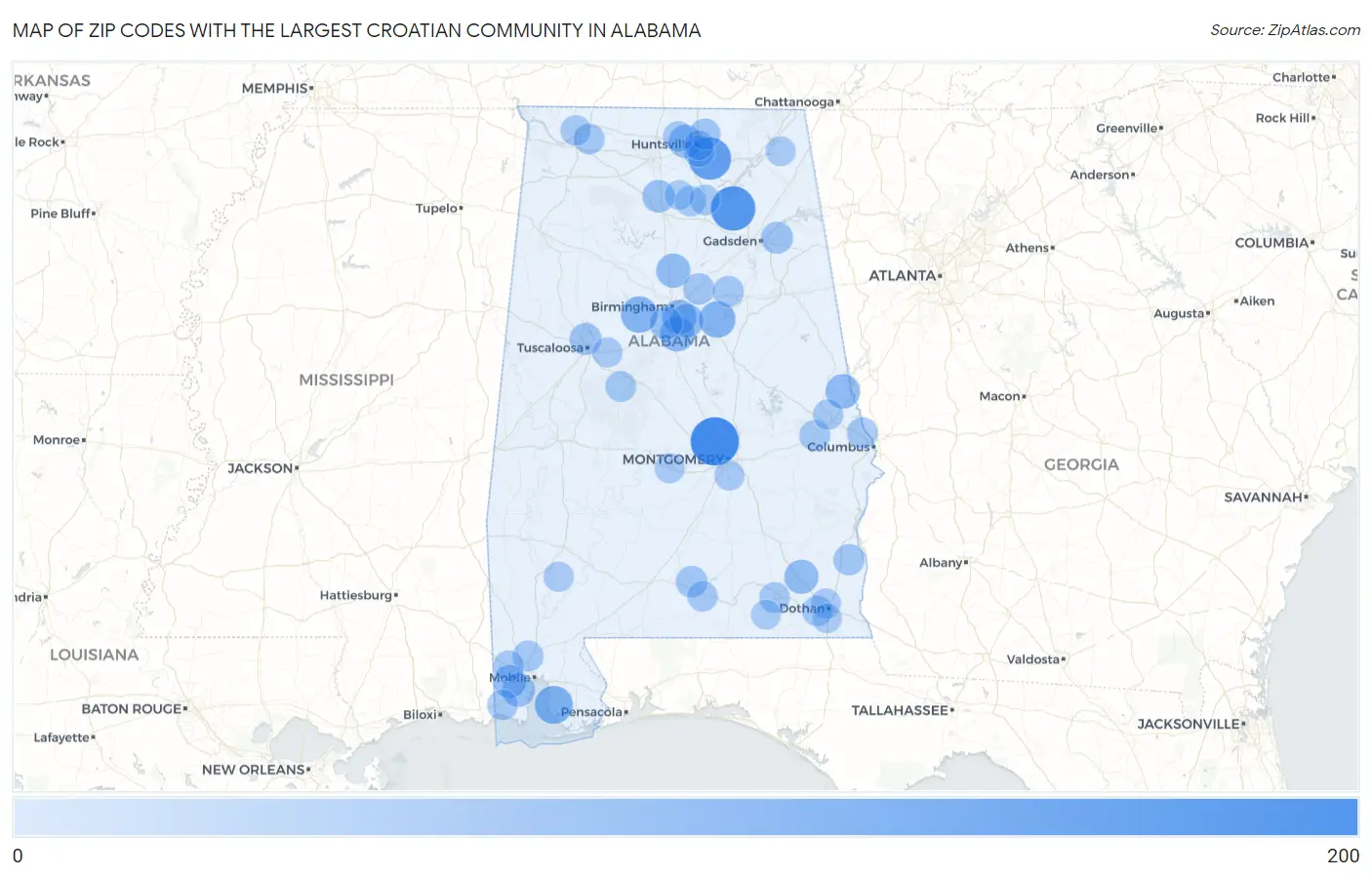 Zip Codes with the Largest Croatian Community in Alabama Map