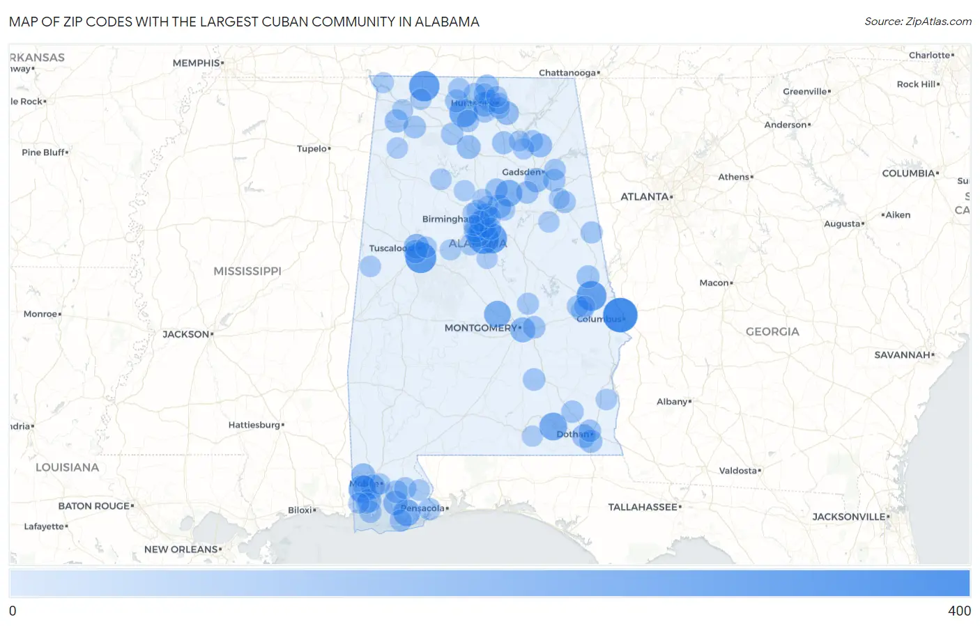 Zip Codes with the Largest Cuban Community in Alabama Map