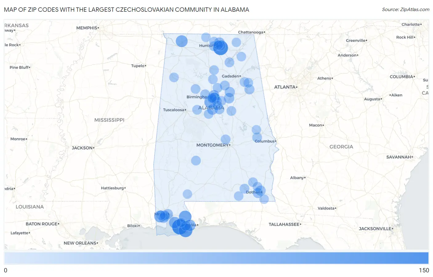 Zip Codes with the Largest Czechoslovakian Community in Alabama Map