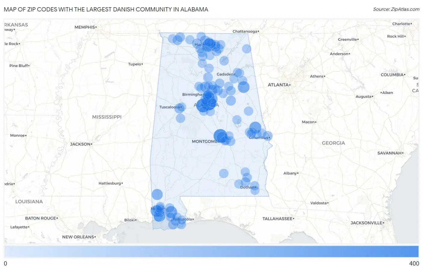 Zip Codes with the Largest Danish Community in Alabama Map