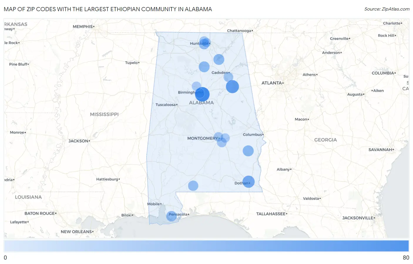 Zip Codes with the Largest Ethiopian Community in Alabama Map