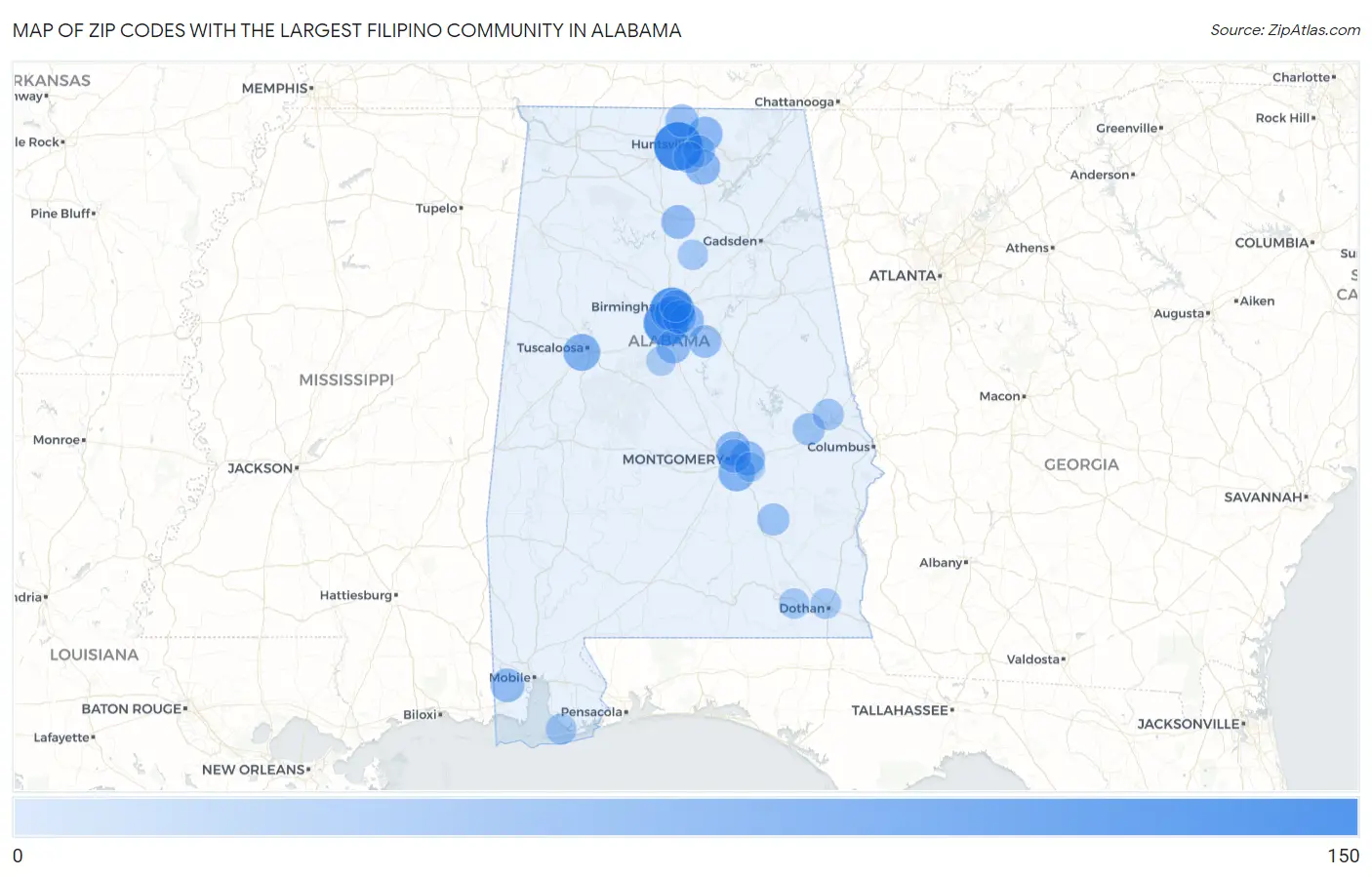 Zip Codes with the Largest Filipino Community in Alabama Map