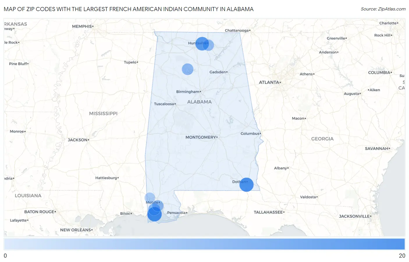 Zip Codes with the Largest French American Indian Community in Alabama Map