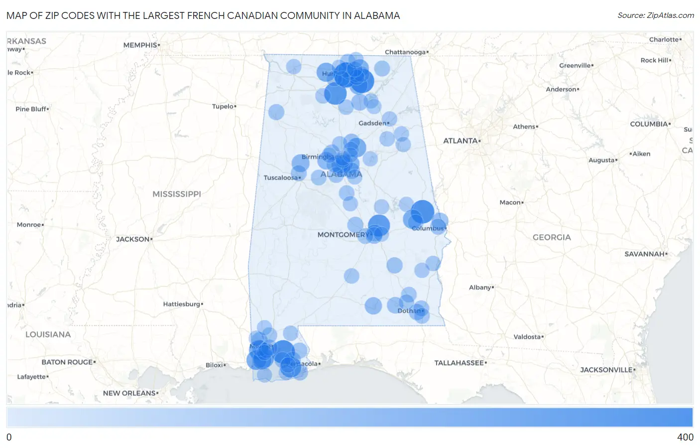 Zip Codes with the Largest French Canadian Community in Alabama Map