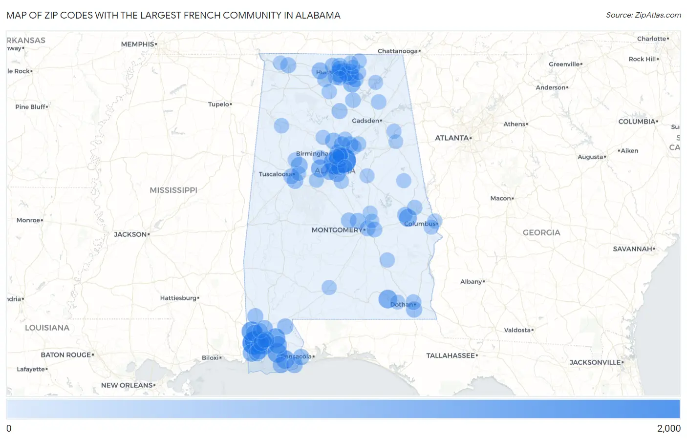 Zip Codes with the Largest French Community in Alabama Map
