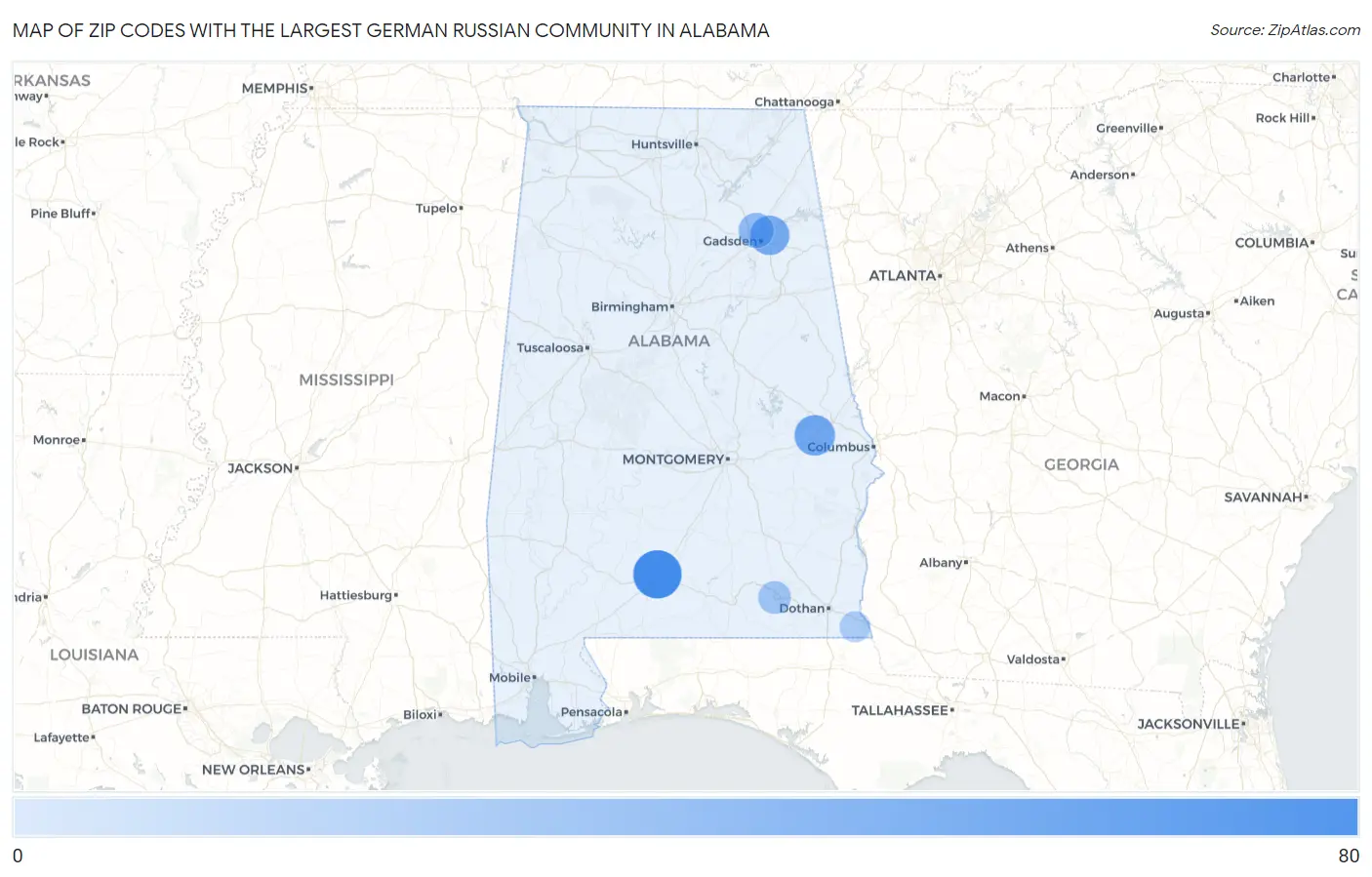 Zip Codes with the Largest German Russian Community in Alabama Map