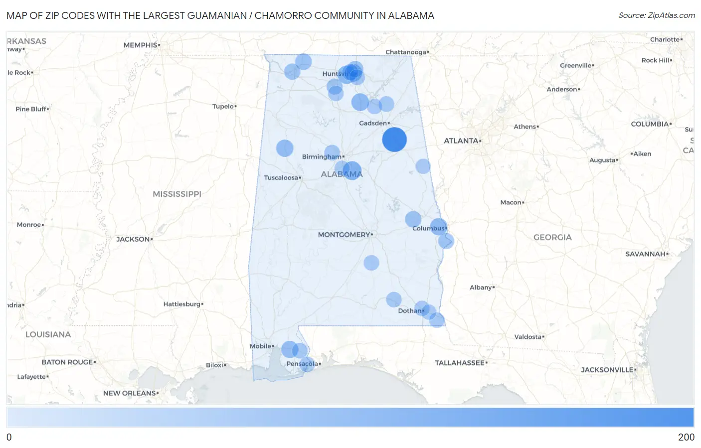 Zip Codes with the Largest Guamanian / Chamorro Community in Alabama Map