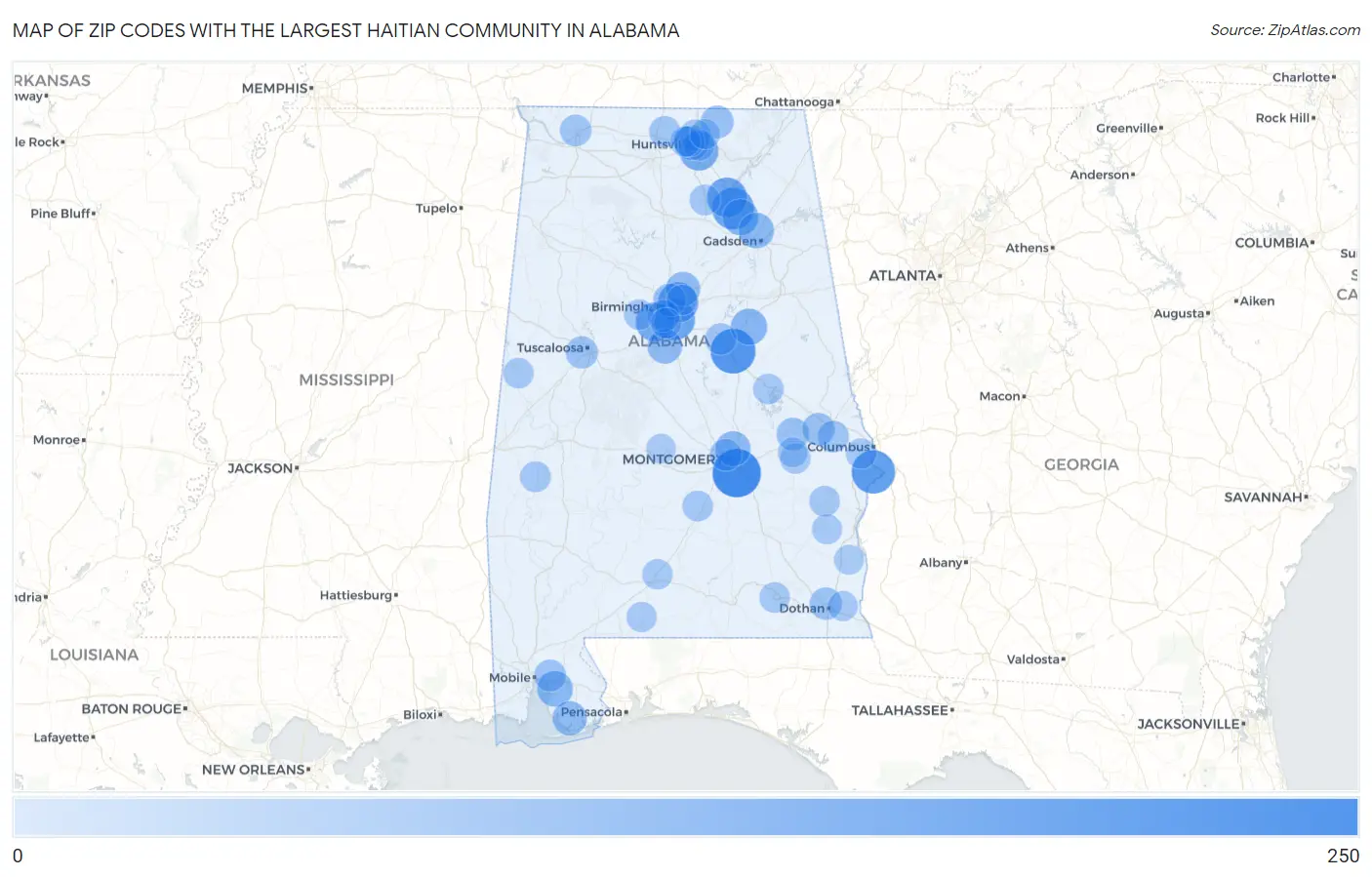 Zip Codes with the Largest Haitian Community in Alabama Map