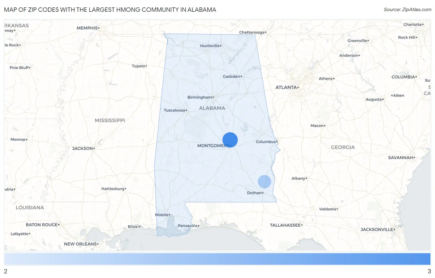 Zip Codes with the Largest Hmong Community in Alabama Map