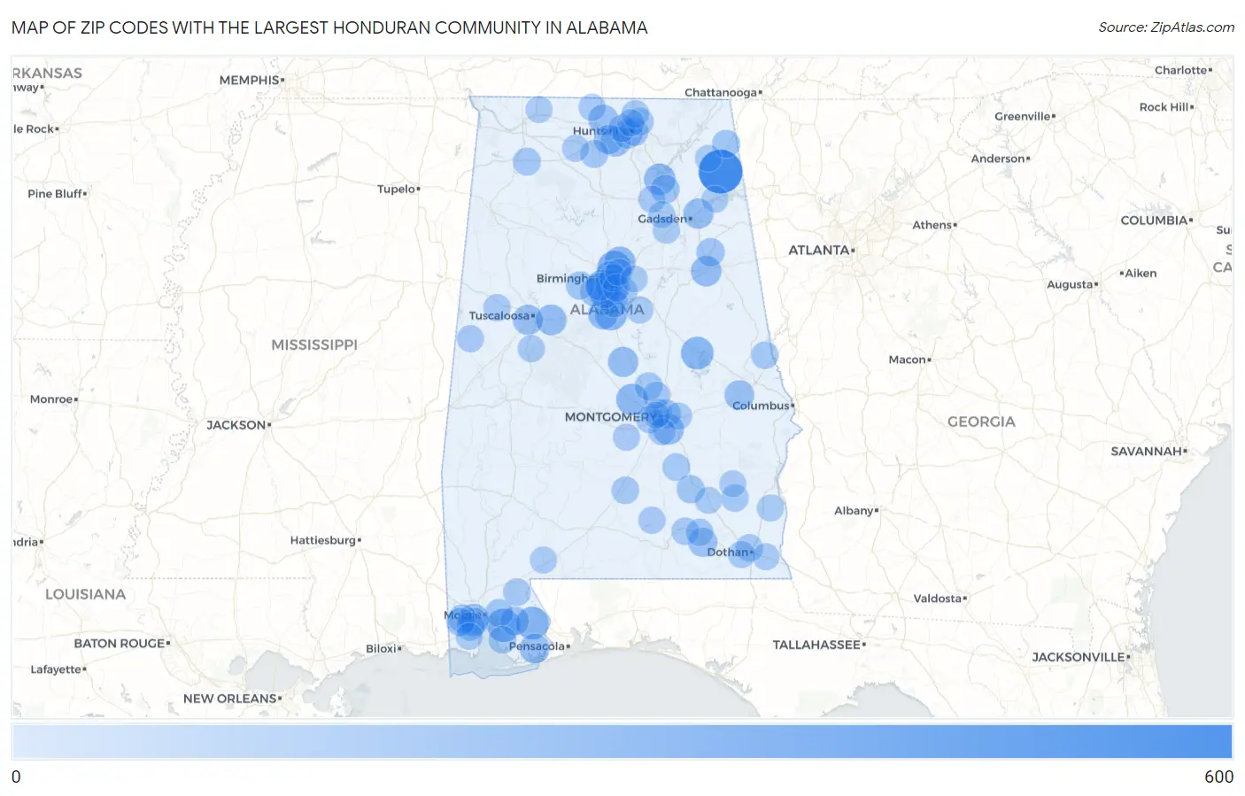 Zip Codes with the Largest Honduran Community in Alabama Map