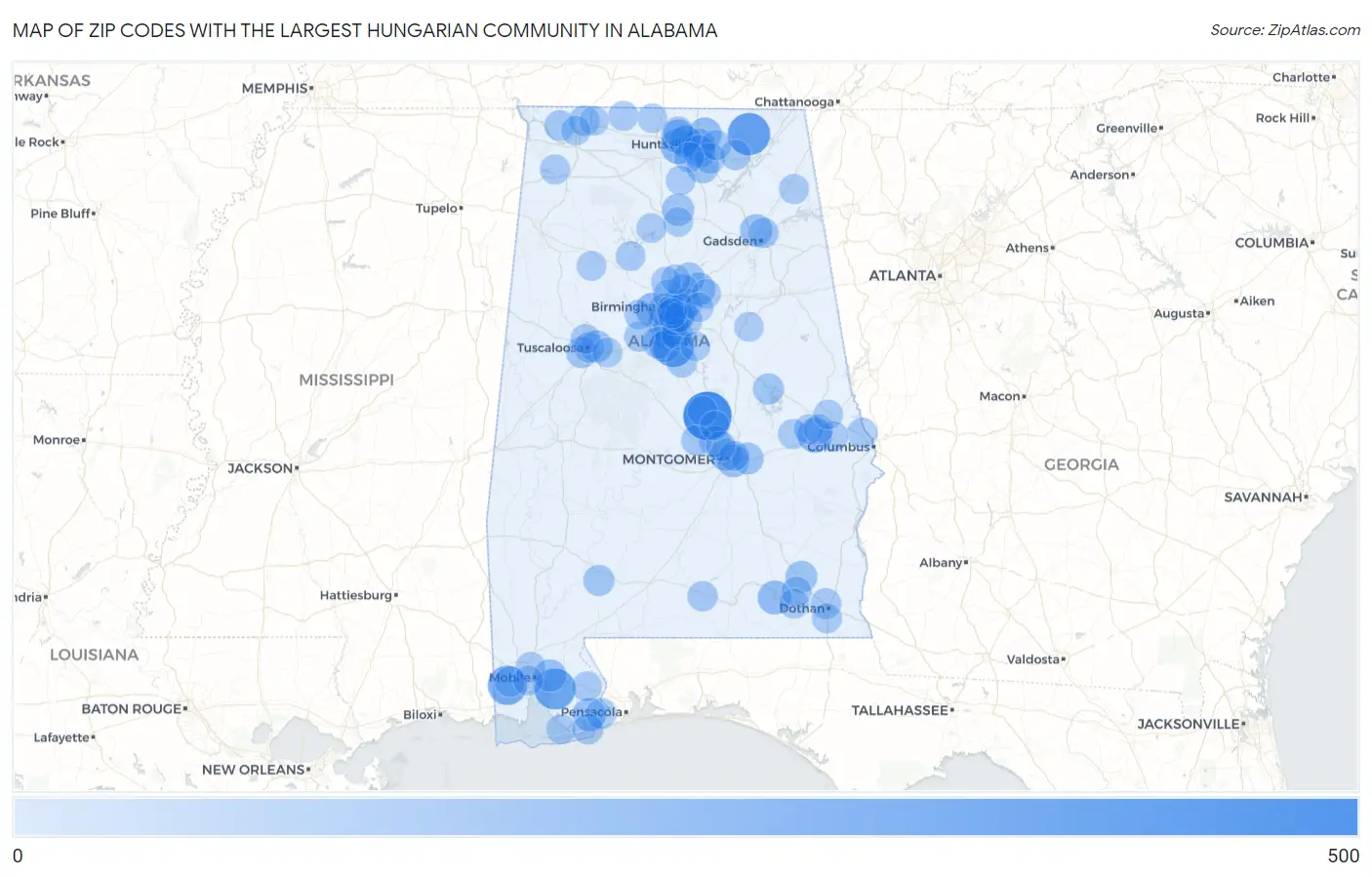 Zip Codes with the Largest Hungarian Community in Alabama Map