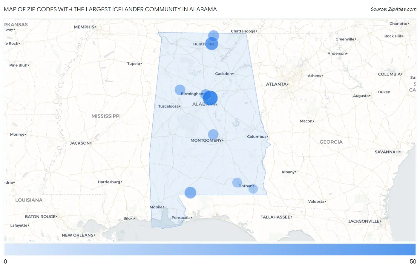 Zip Codes with the Largest Icelander Community in Alabama Map