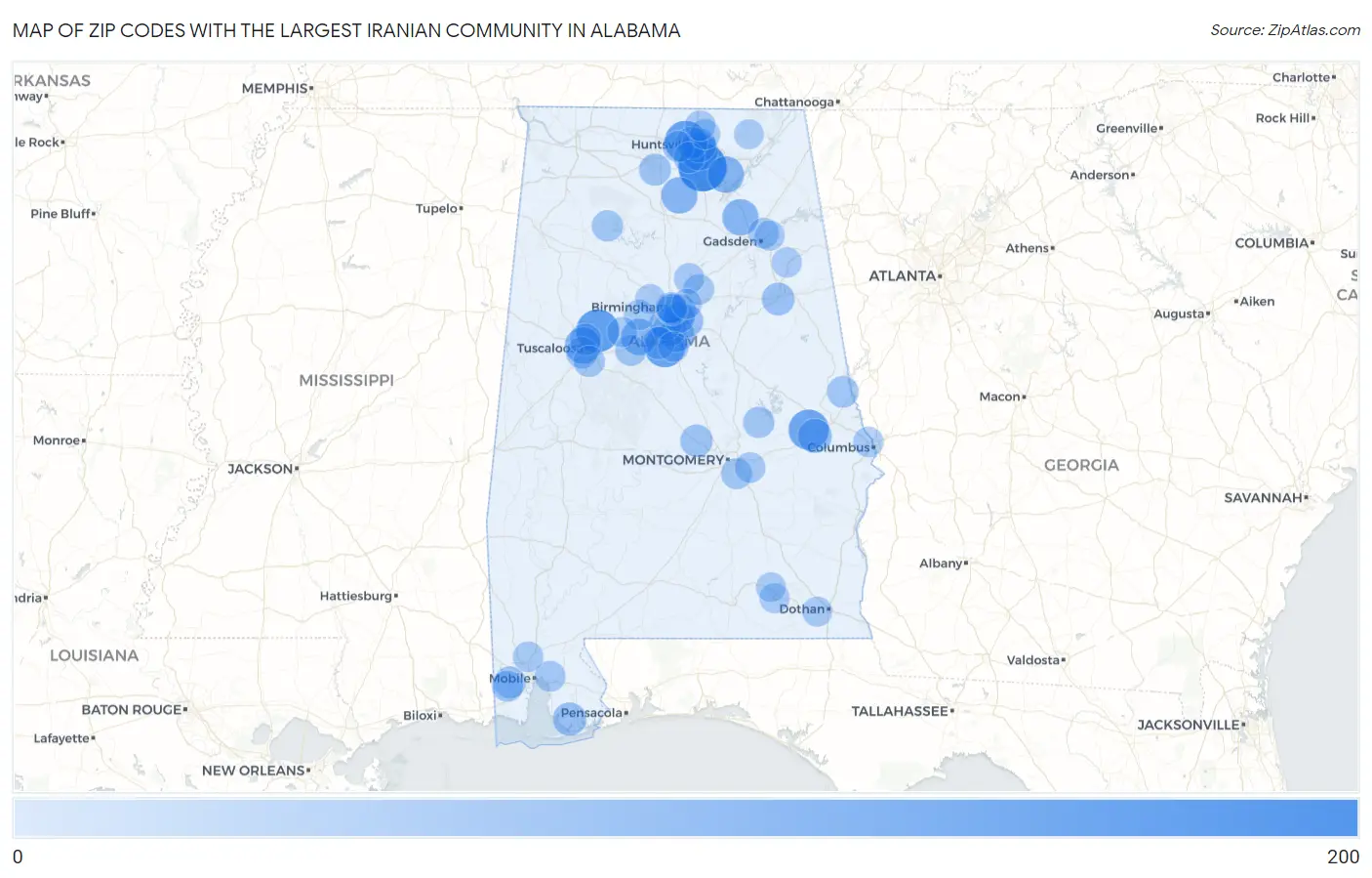 Zip Codes with the Largest Iranian Community in Alabama Map