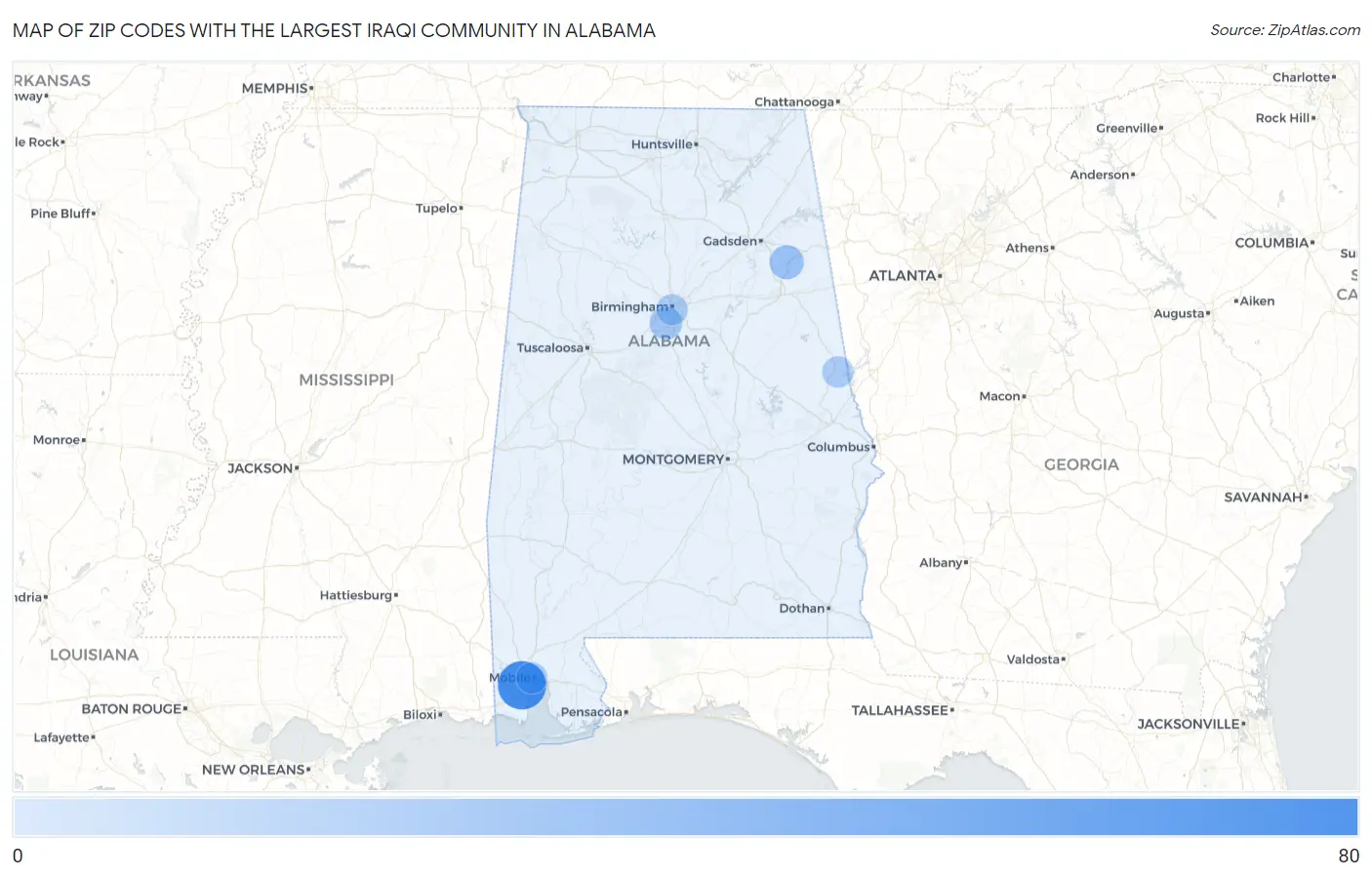 Zip Codes with the Largest Iraqi Community in Alabama Map