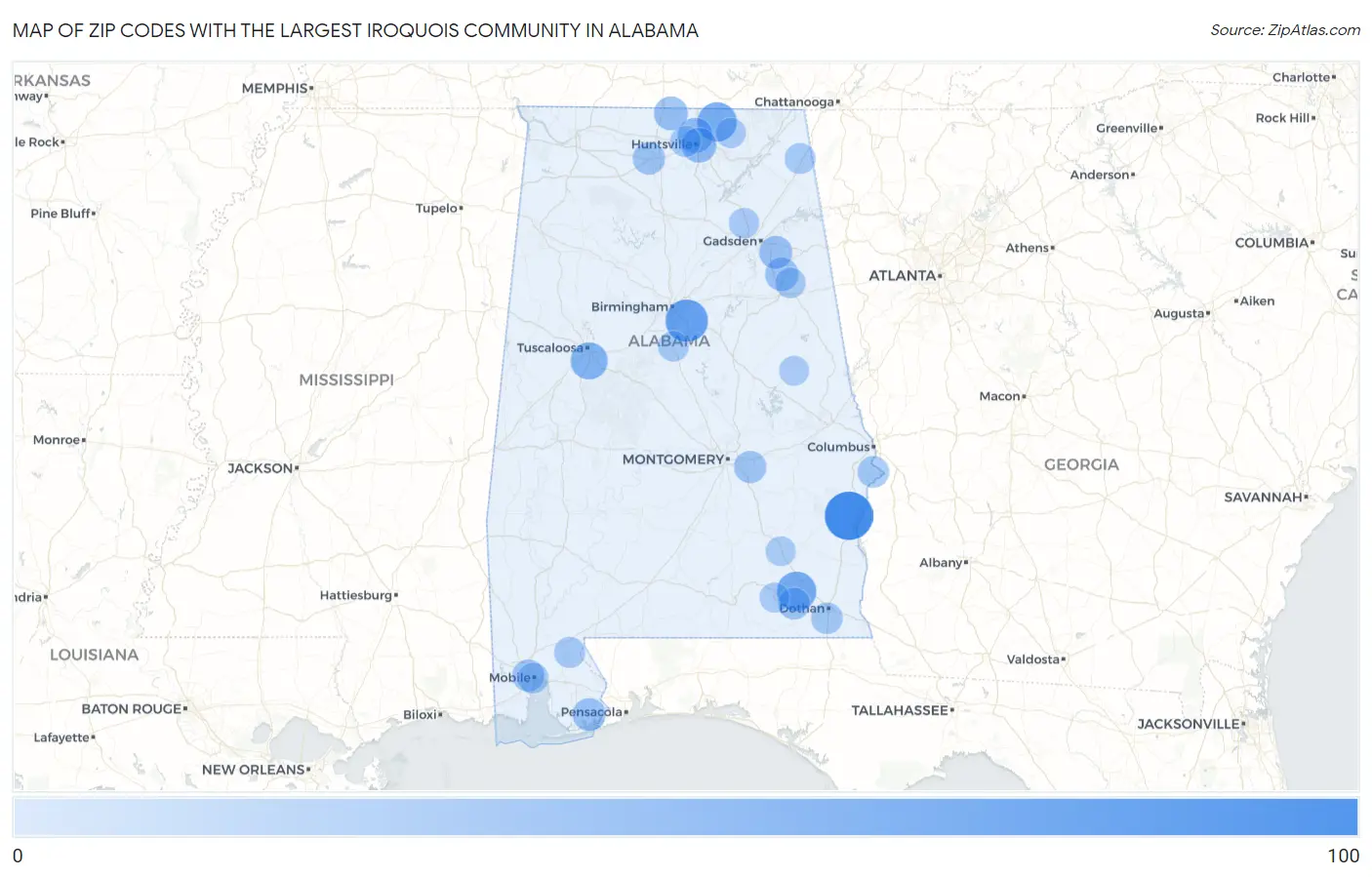 Zip Codes with the Largest Iroquois Community in Alabama Map