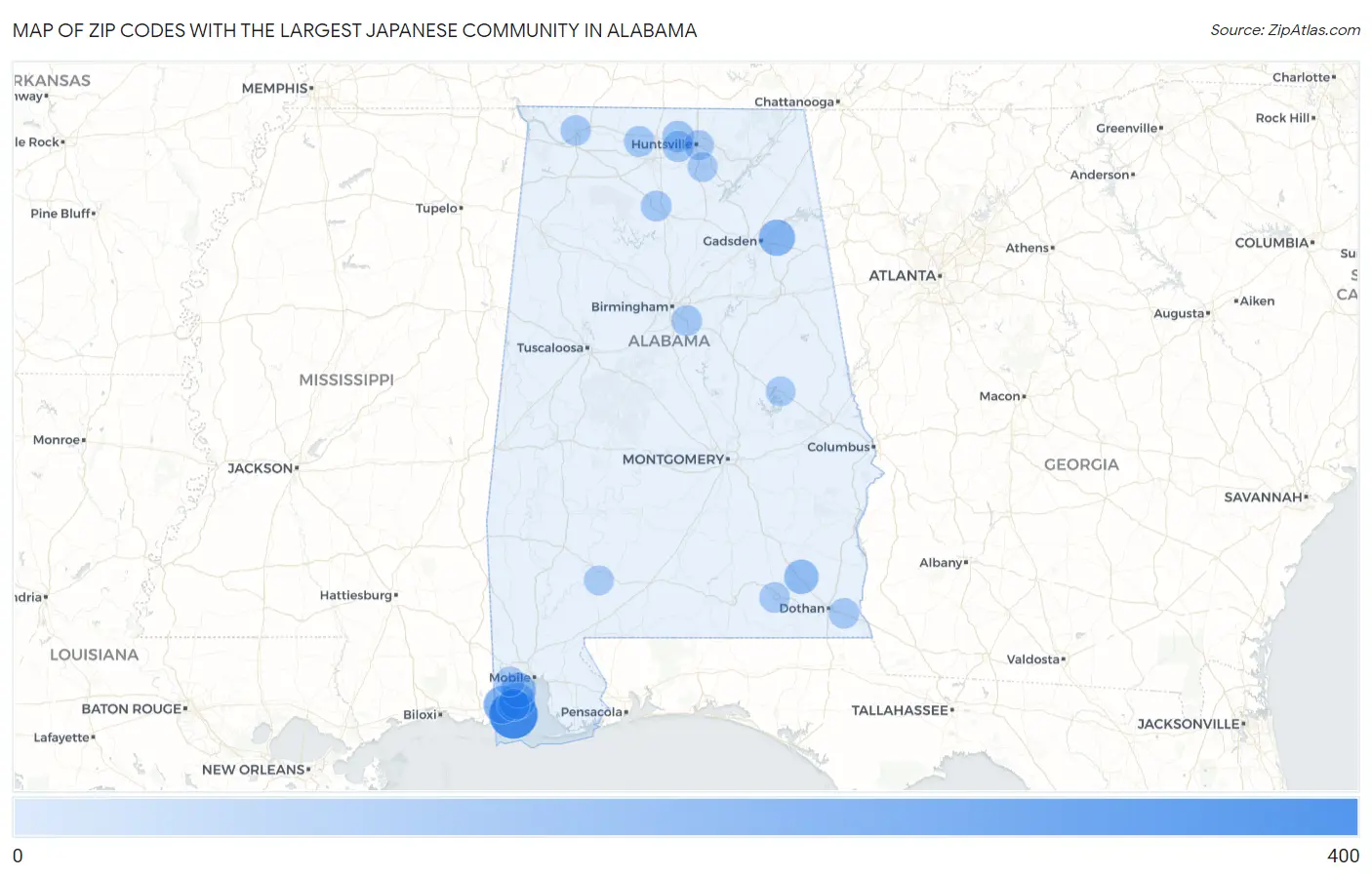 Zip Codes with the Largest Japanese Community in Alabama Map