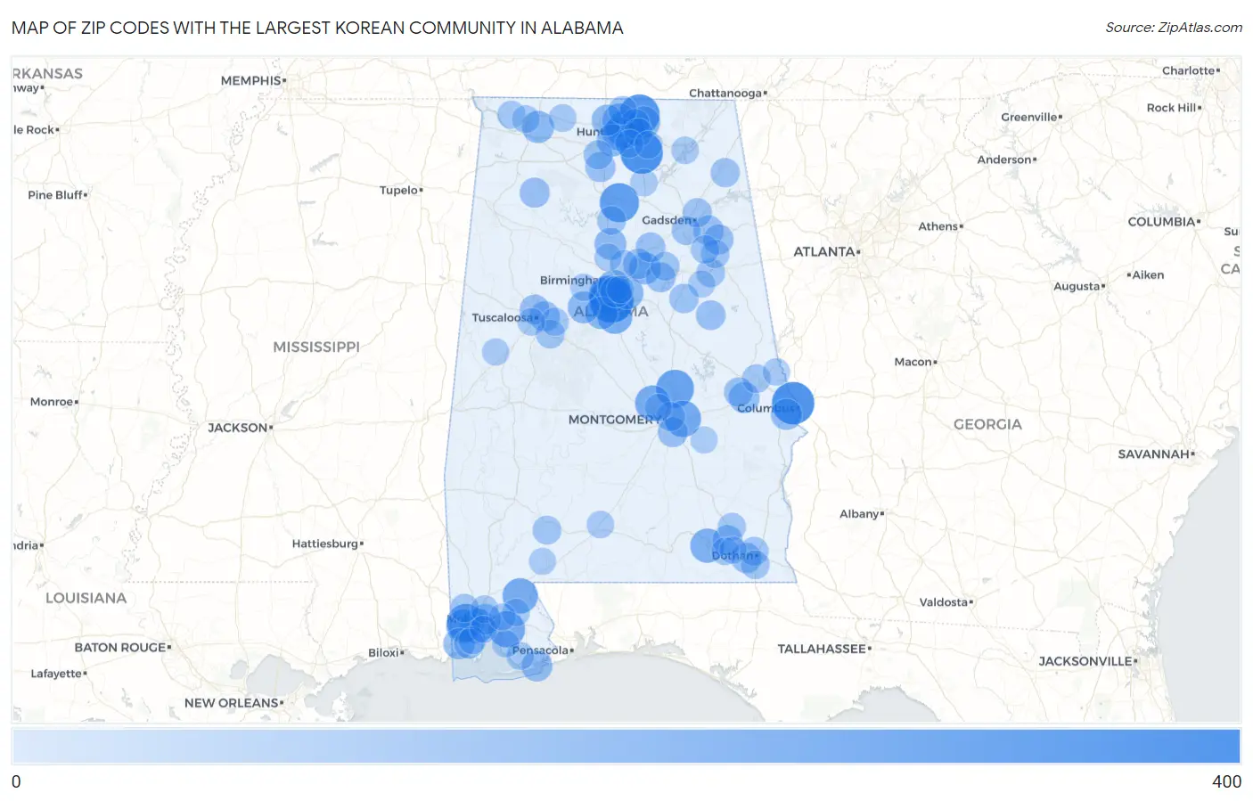 Zip Codes with the Largest Korean Community in Alabama Map