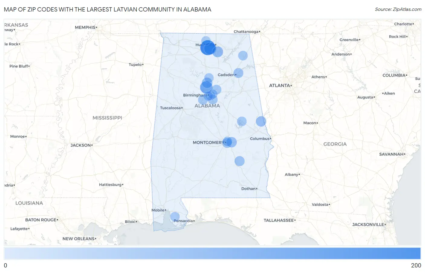 Zip Codes with the Largest Latvian Community in Alabama Map