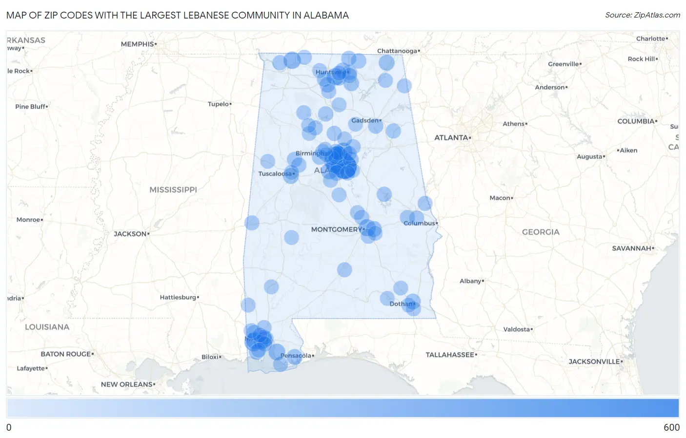 Zip Codes with the Largest Lebanese Community in Alabama Map