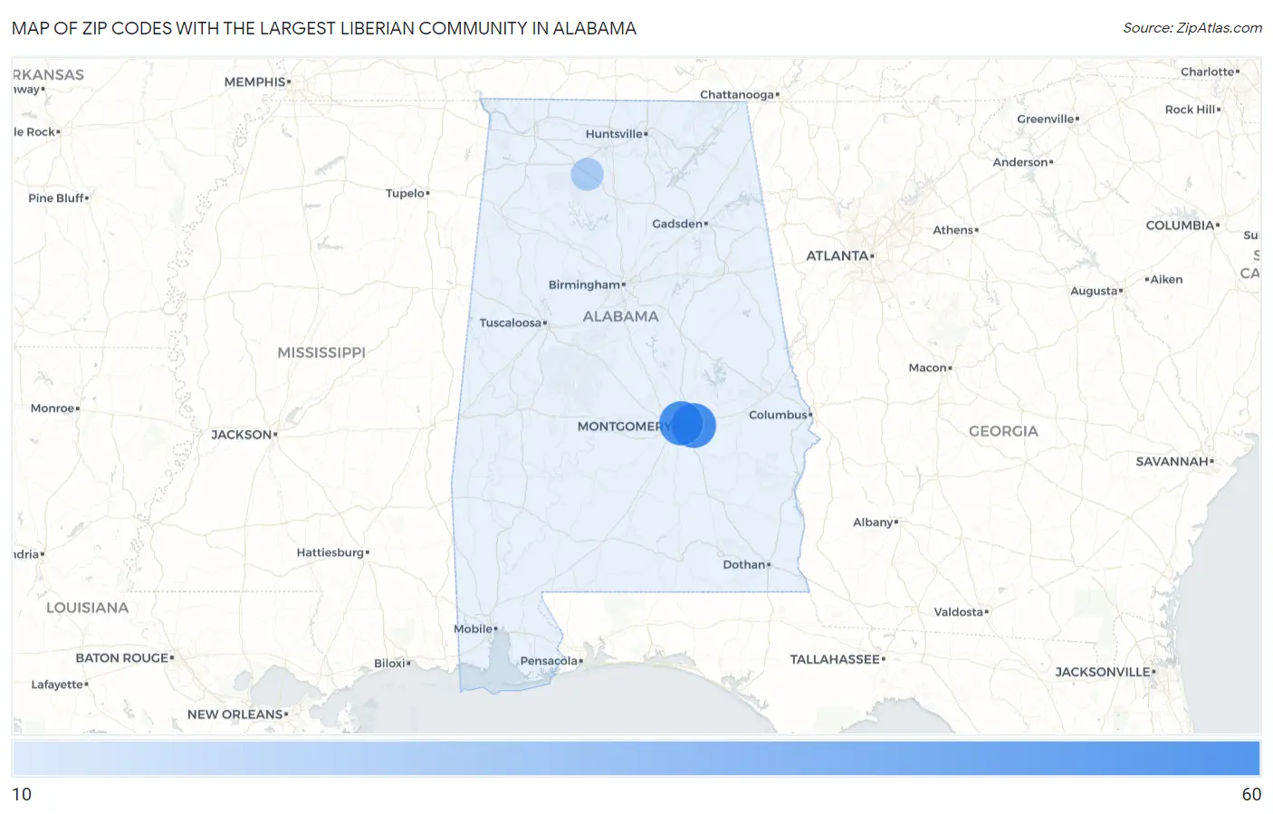 Zip Codes with the Largest Liberian Community in Alabama Map
