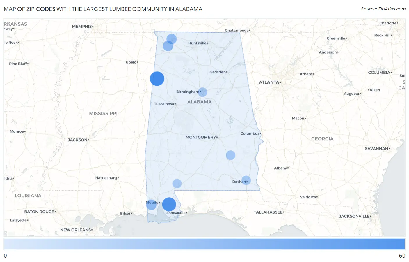 Zip Codes with the Largest Lumbee Community in Alabama Map