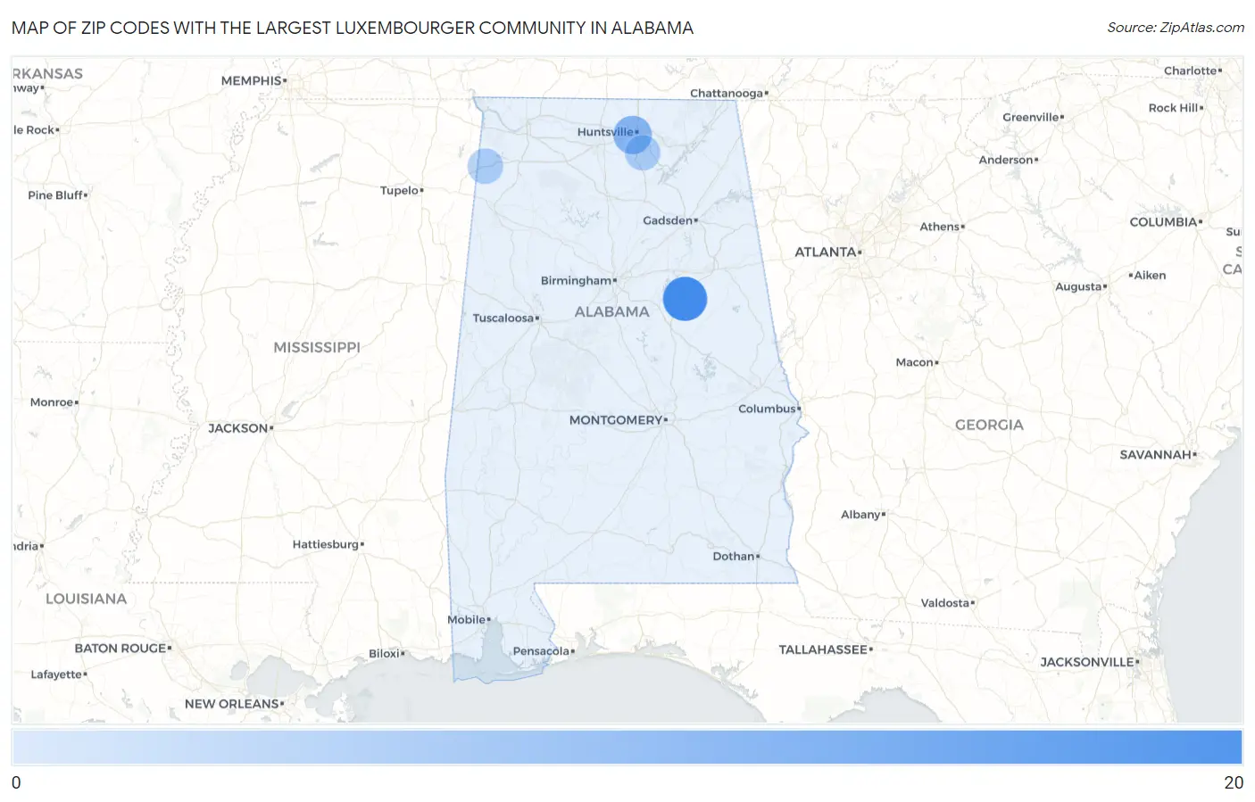 Zip Codes with the Largest Luxembourger Community in Alabama Map