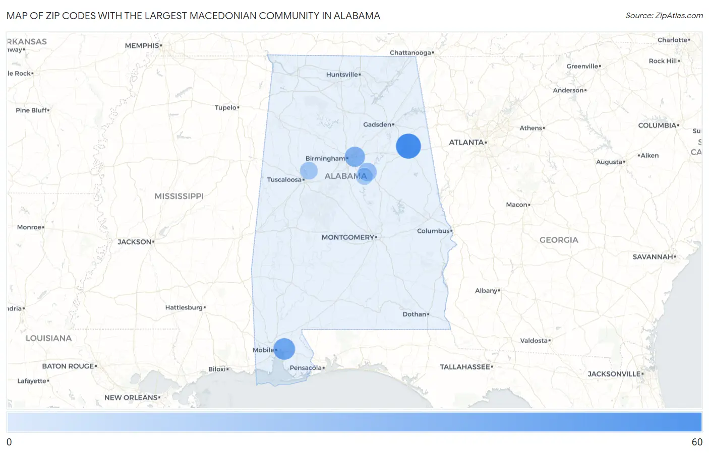 Zip Codes with the Largest Macedonian Community in Alabama Map