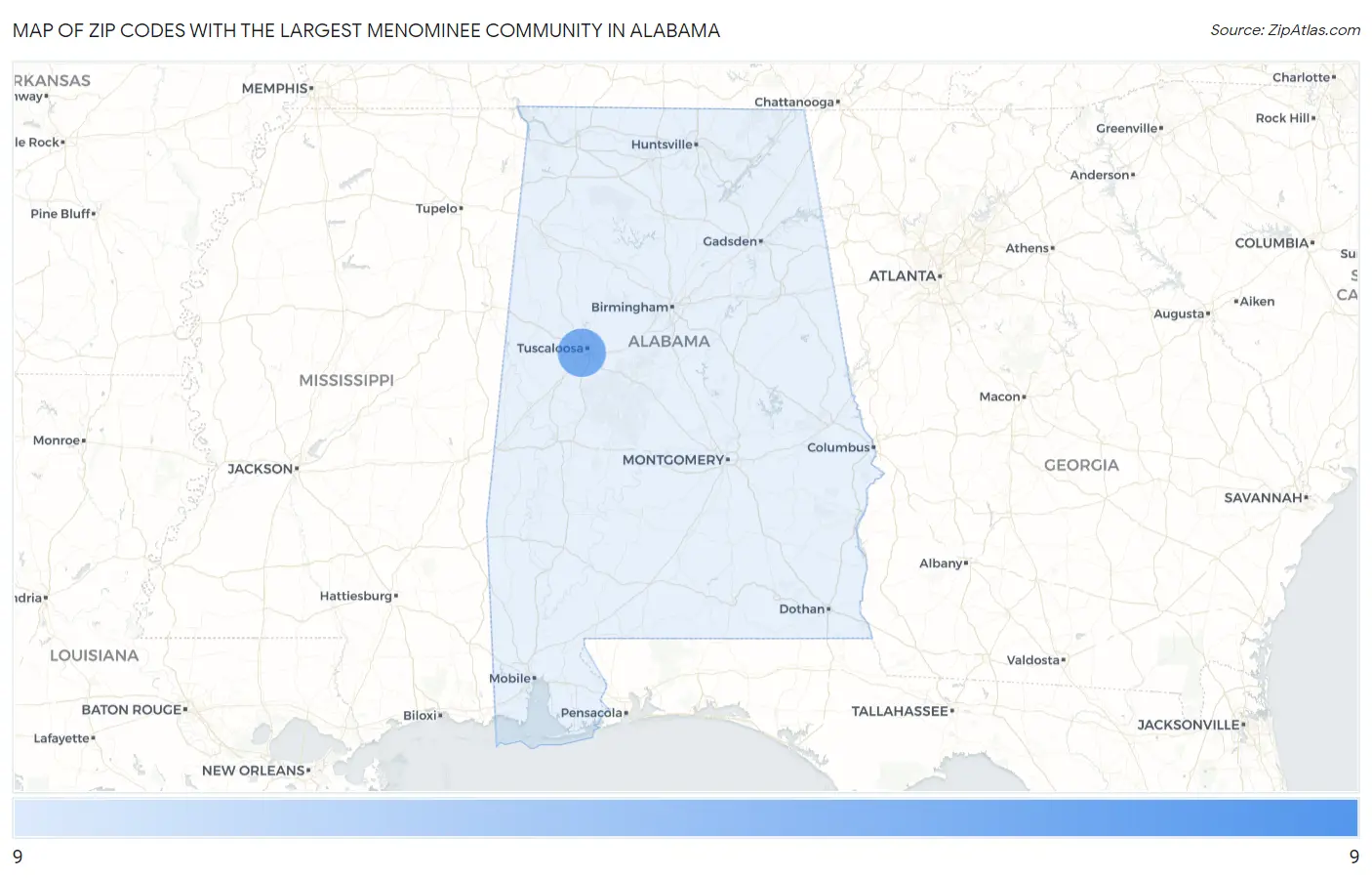 Zip Codes with the Largest Menominee Community in Alabama Map