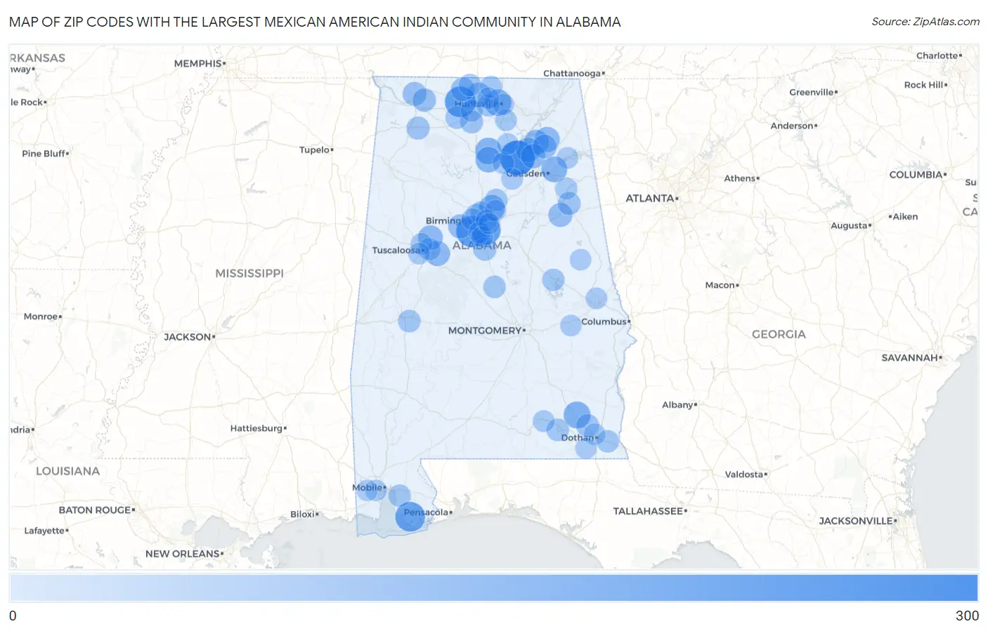 Zip Codes with the Largest Mexican American Indian Community in Alabama Map