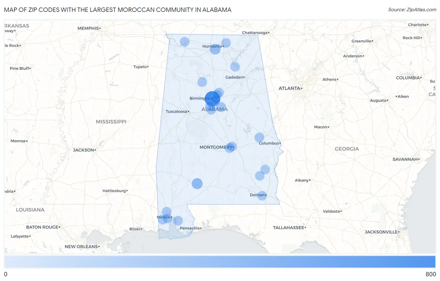 Zip Codes with the Largest Moroccan Community in Alabama Map