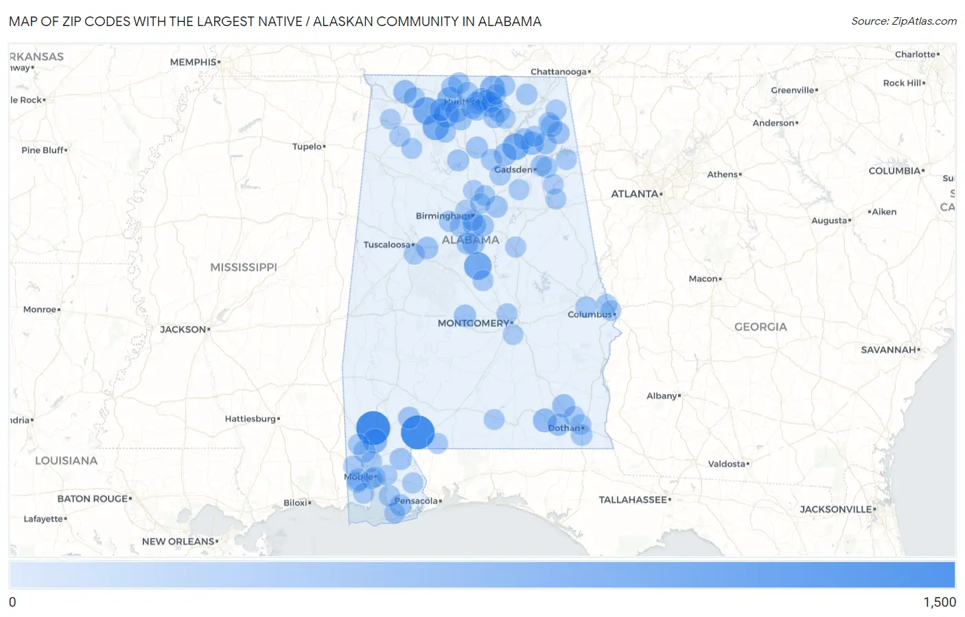 Zip Codes with the Largest Native / Alaskan Community in Alabama Map