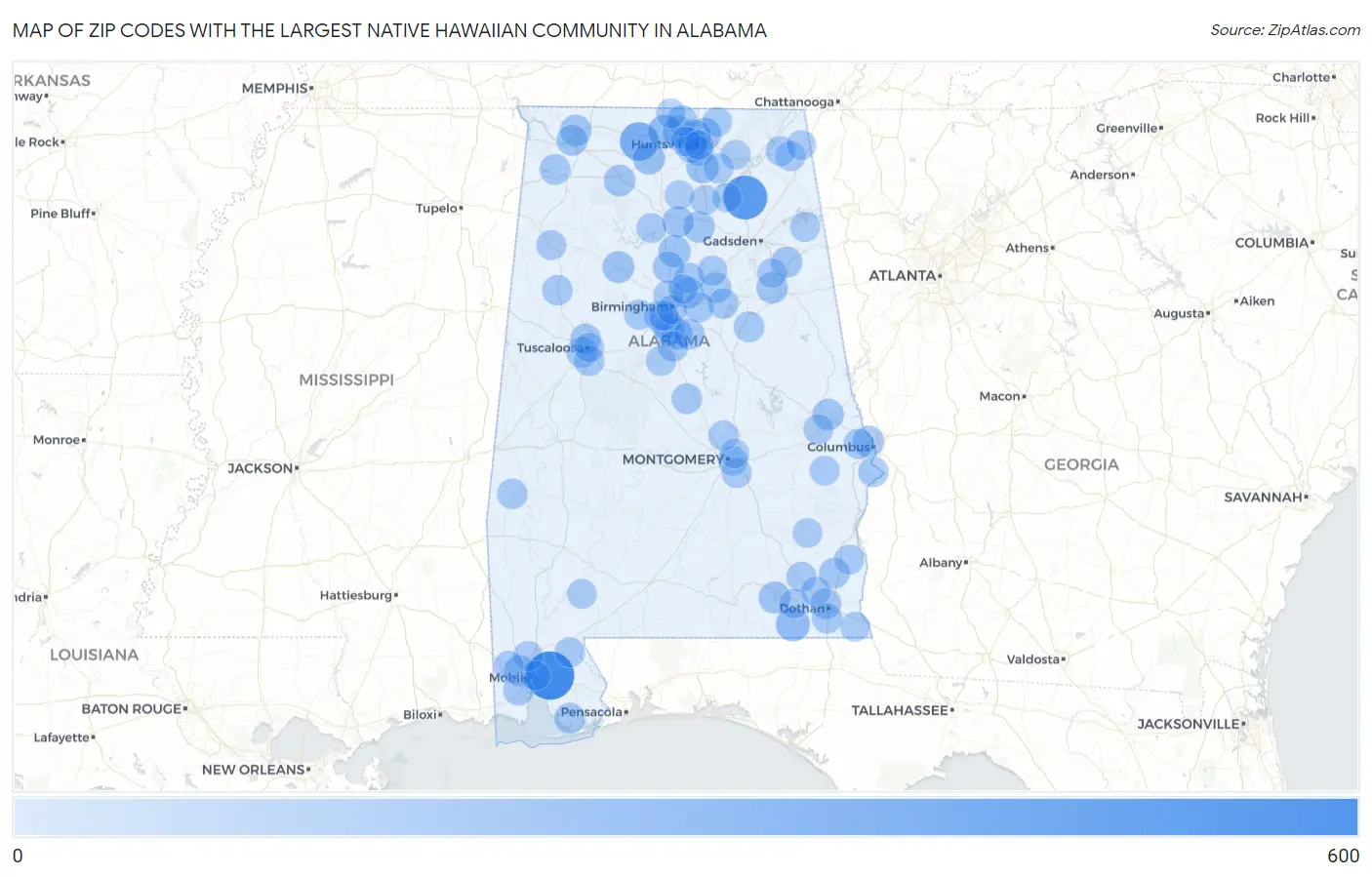 Zip Codes with the Largest Native Hawaiian Community in Alabama Map