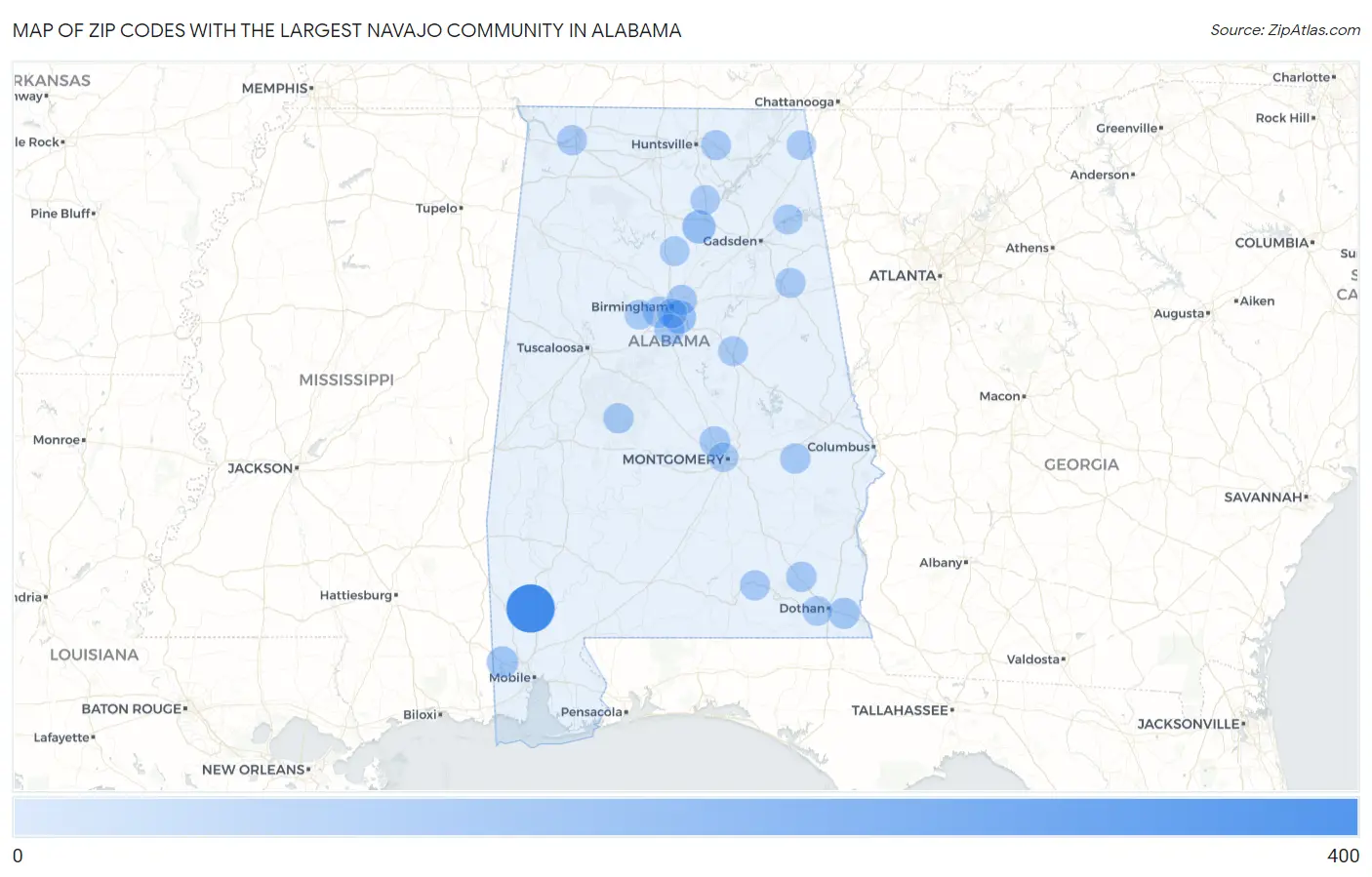 Zip Codes with the Largest Navajo Community in Alabama Map