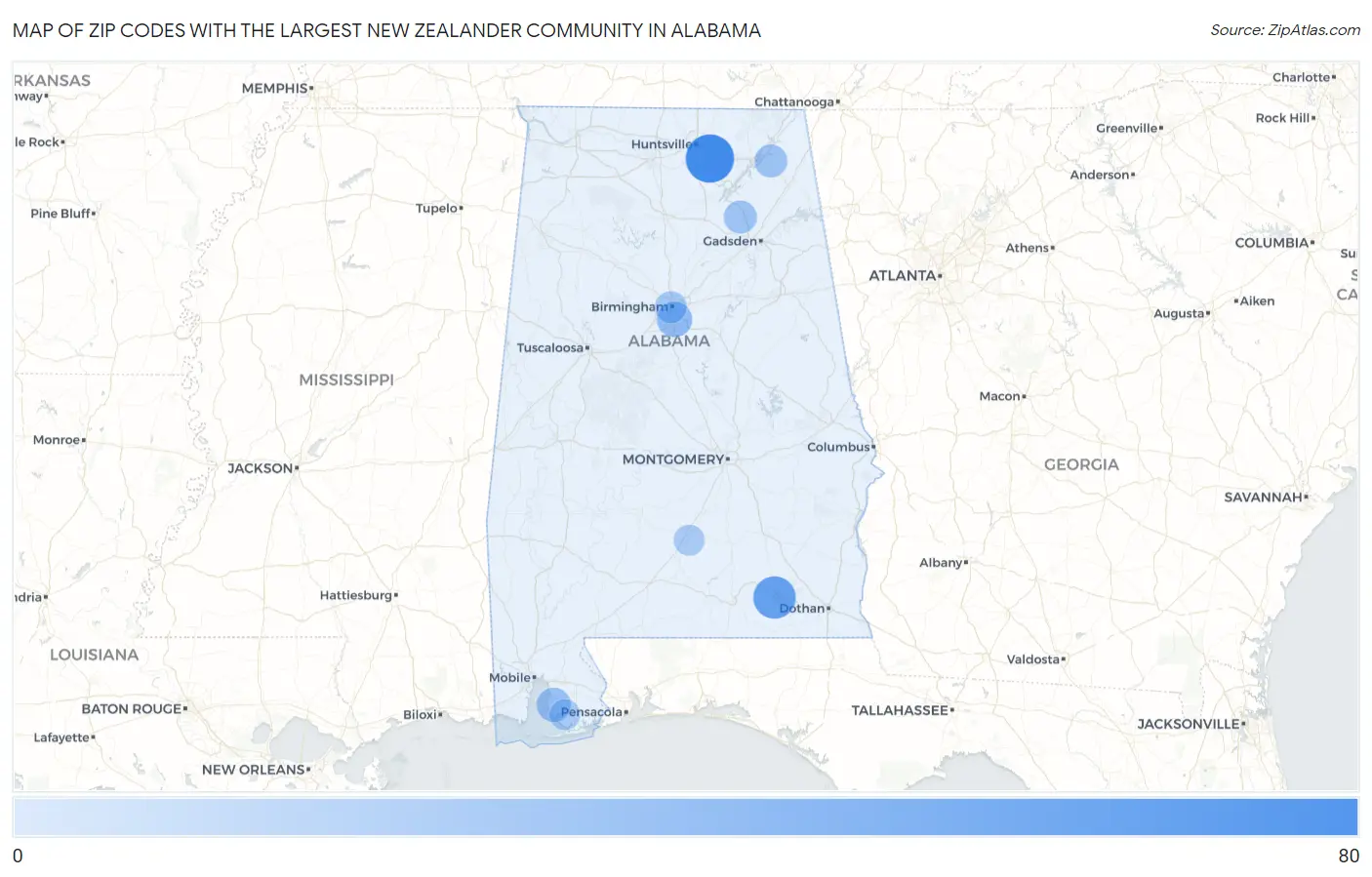 Zip Codes with the Largest New Zealander Community in Alabama Map